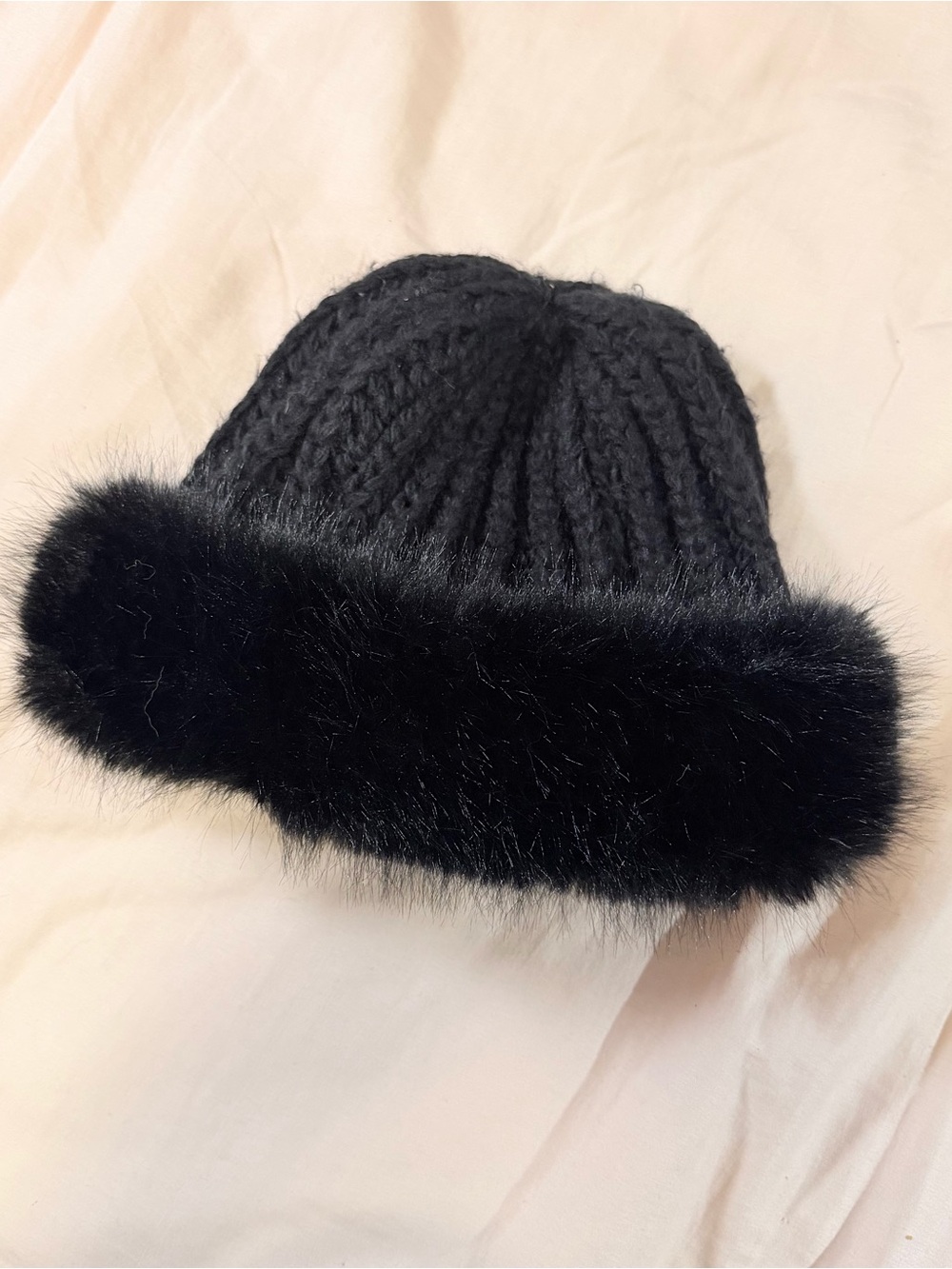 Anthropology Black Knit Beanie with Faux Fur Trim